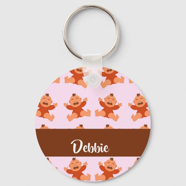 Custom name crying babies on pink key ring (Front)