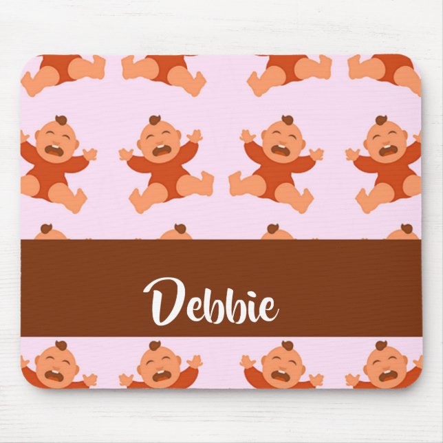 Custom name crying babies on pink mouse mat (Front)