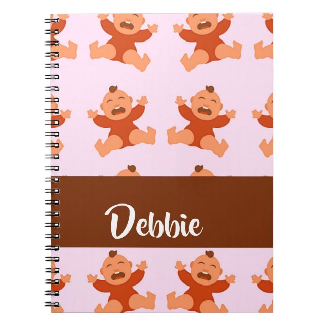Custom name crying babies on pink notebook (Front)