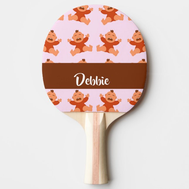 Custom name crying babies on pink ping pong paddle (Front)
