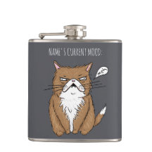 Custom Name Current Mood Meh Funny Cat Grey Flask