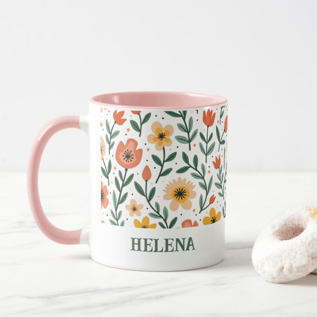 Custom Name Custom Message Floral Mug (With Donut)