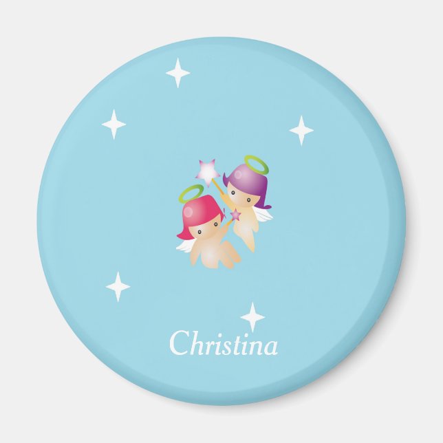 Custom name cute angels on blue magnet (Front)