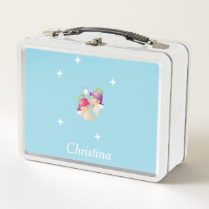 Custom name cute angels on blue metal lunch box
