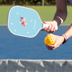 Custom name cute angels on blue pickleball paddle