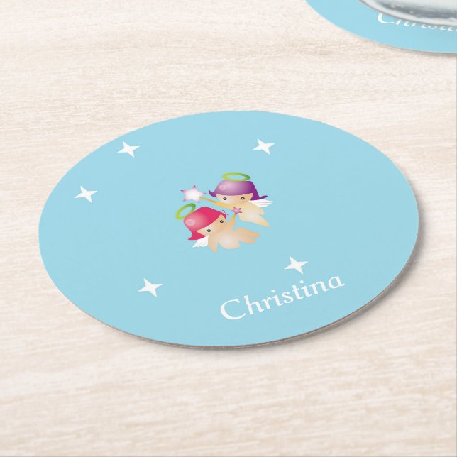 Custom name cute angels on blue round paper coaster (Angled)