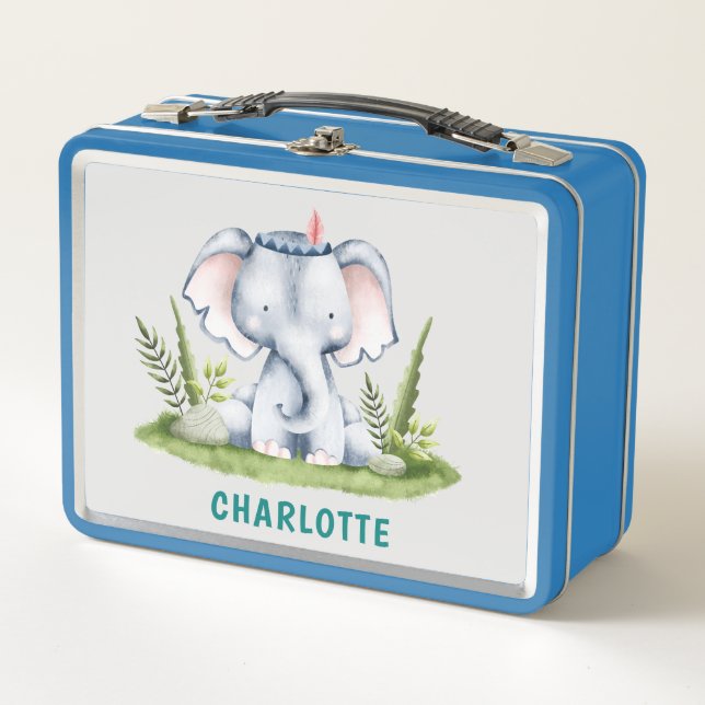 Custom Name Cute Animals Elephant Kids Metal Lunch Box (Front)