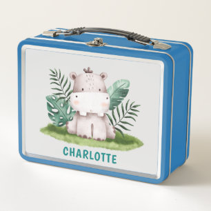 Custom Name Cute Animals Hippo Kids Metal Lunch Box
