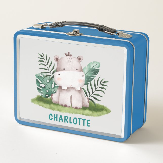 Custom Name Cute Animals Hippo Kids Metal Lunch Box (Front)