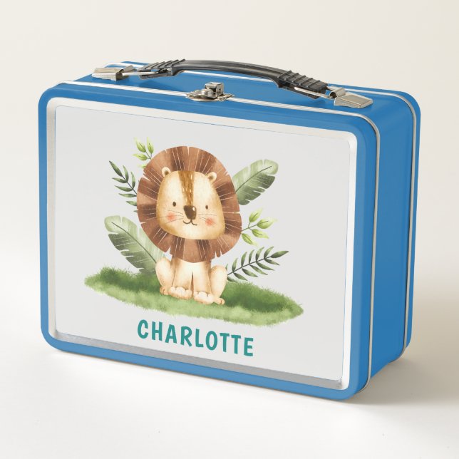 Custom Name Cute Animals Lion Kids Metal Lunch Box (Front)
