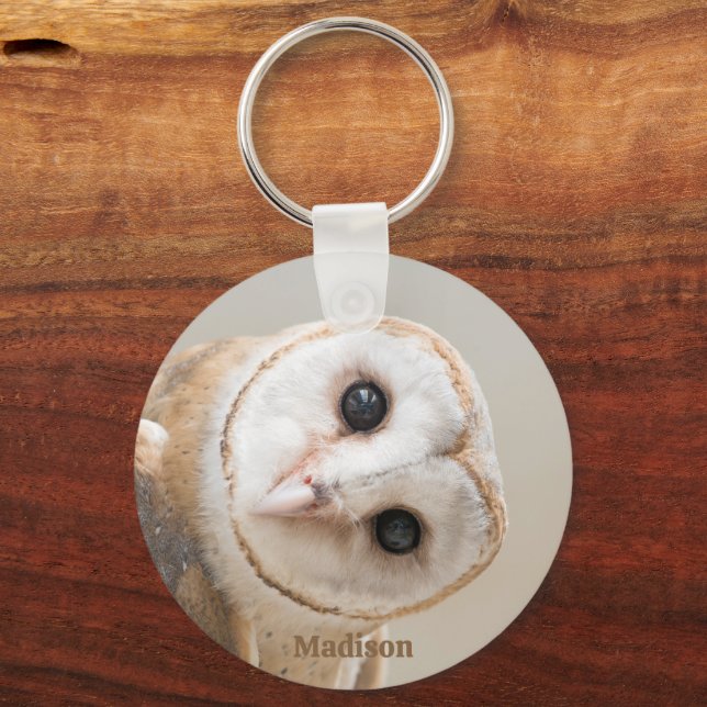 Custom Name Cute Barn Owl Key Ring (Back)