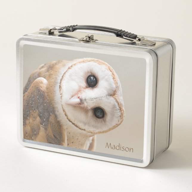 Custom Name Cute Barn Owl Metal Lunch Box (Front)