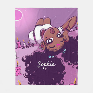 Custom Name Cute Black Girl Purple Fleece Blanket