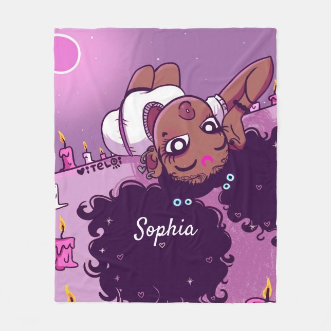 Custom Name Cute Black Girl Purple Fleece Blanket (Front)