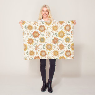 Custom Name Cute Boho Sunflower Sun & Rainbow Fleece Blanket