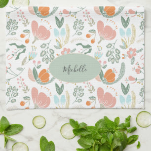 Custom name cute botanical pastel floral pattern tea towel