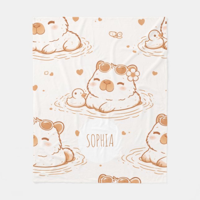 Custom Name Cute Capybara With Sunglasses Kids Fleece Blanket (Front)