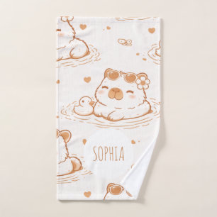Custom Name Cute Capybara With Sunglasses Kids Hand Towel