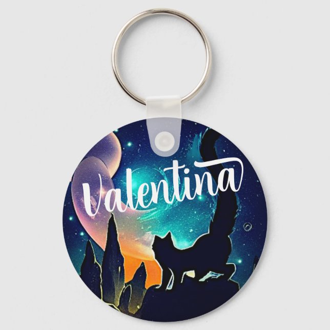 Custom Name Cute Cat and Galaxy Stars & Mountains  Key Ring (Front)