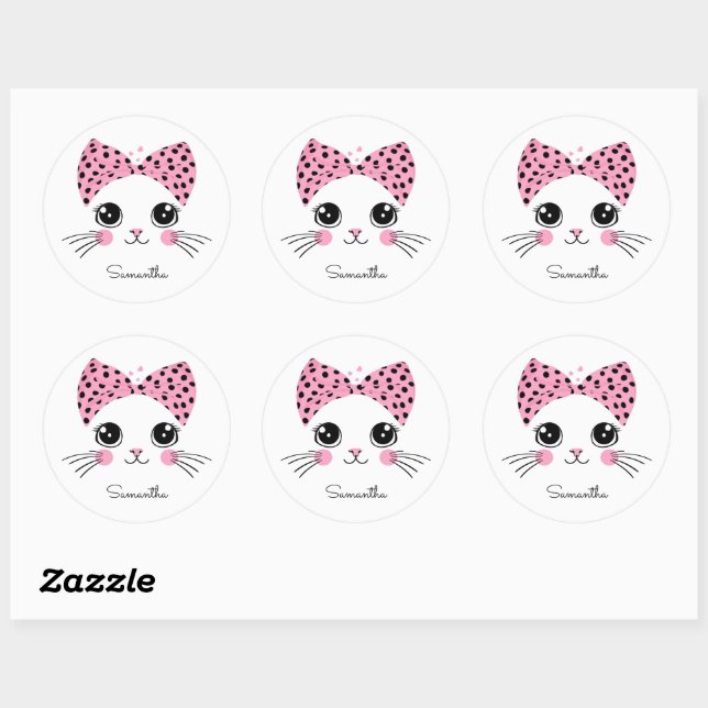 Custom Name Cute Cat Face Classic Round Sticker (Sheet)