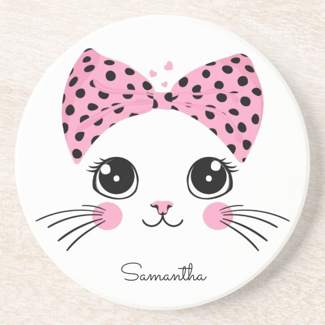 Custom Name Cute Cat Face Coaster (Front)