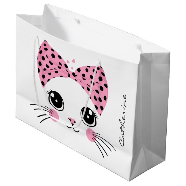 Custom Name Cute Cat Face Large Gift Bag (Front Angled)