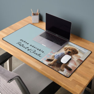 Custom Name Cute Dog Photo Funny Saying Dusty Blue Desk Mat