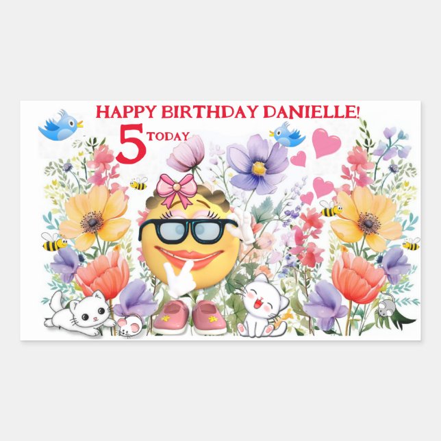 Custom Name Cute Emoji Character Birthday Rectangular Sticker (Front)