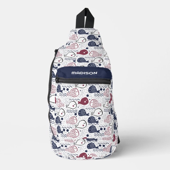 Custom Name Cute Fish Pattern Sling Bag (Front)