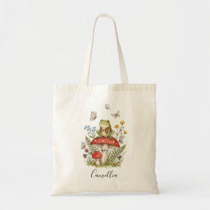 Custom Name Cute Frog and Mushrooms Watercolour Tote Bag
