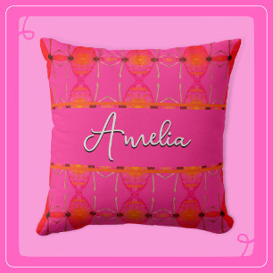Custom Name Cute Girly Orange and Pink Cushion