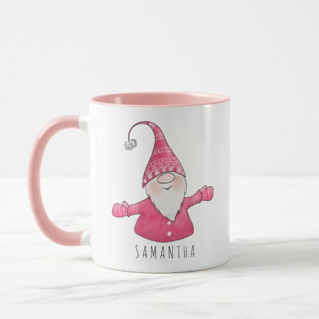 Custom Name Cute Gnome Pink Christmas Mug (Left)