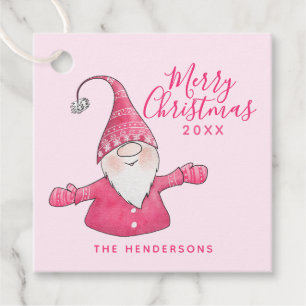 Custom Name Cute Gnome Pink Merry Christmas Favour Tags