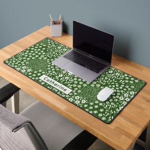 Custom Name Cute Green Floral Hand Drawn Office Desk Mat