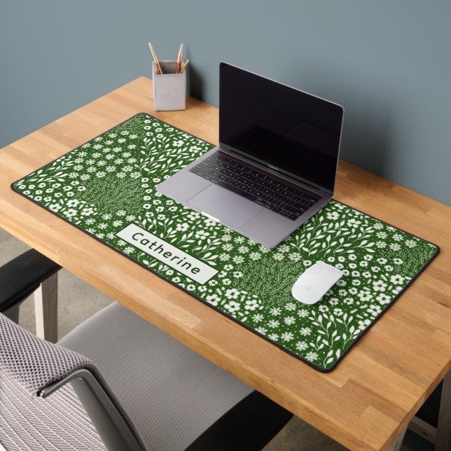 Custom Name Cute Green Floral Hand Drawn Office Desk Mat (Office 2)