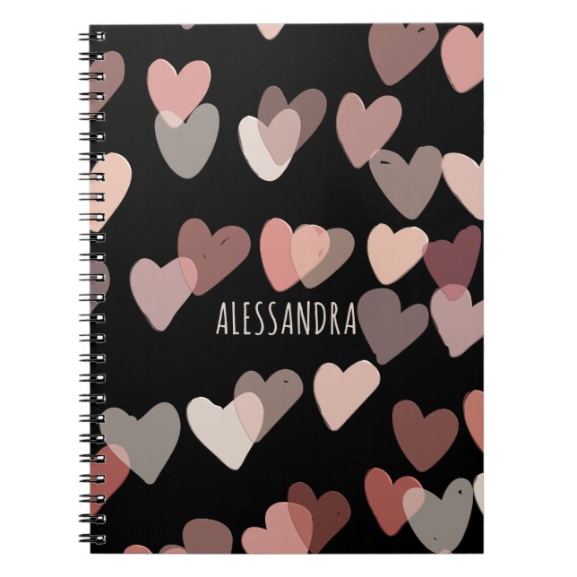 Custom name cute hearts pattern black blush pink  notebook (Front)