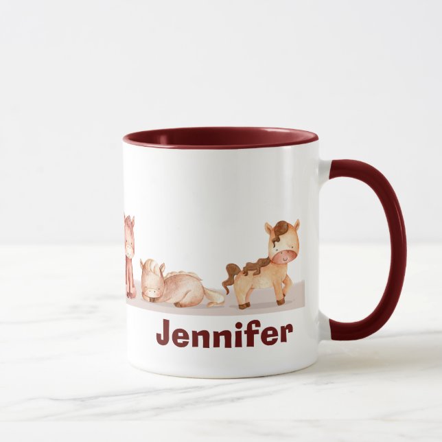 Custom Name Cute Horses Watercolor Animal Mug (Right)