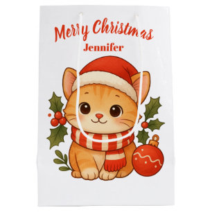 Custom Name Cute Kitten Merry Christmas Gift Bag