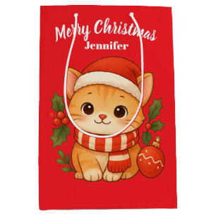 Custom Name Cute Kitten Merry Christmas Gift Bag