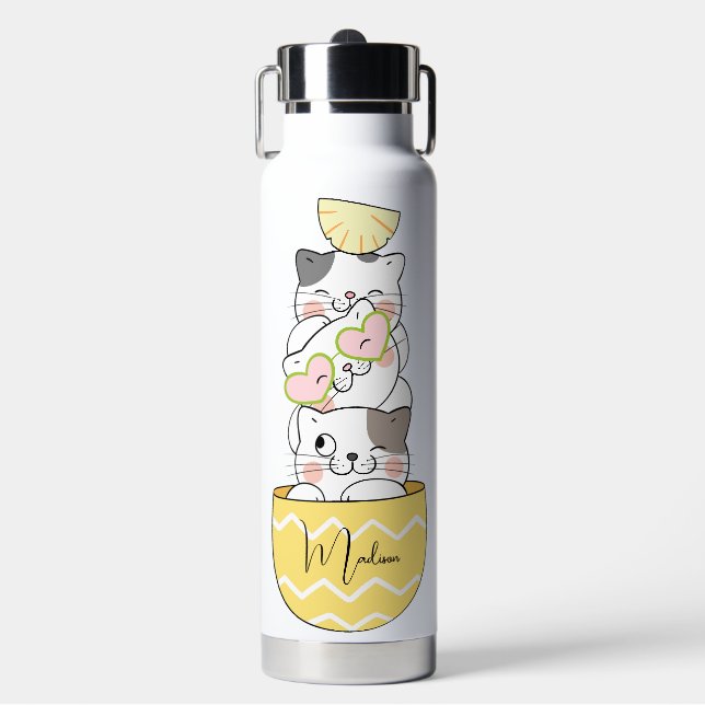 Custom Name Cute Kittens Water Bottle (Front)