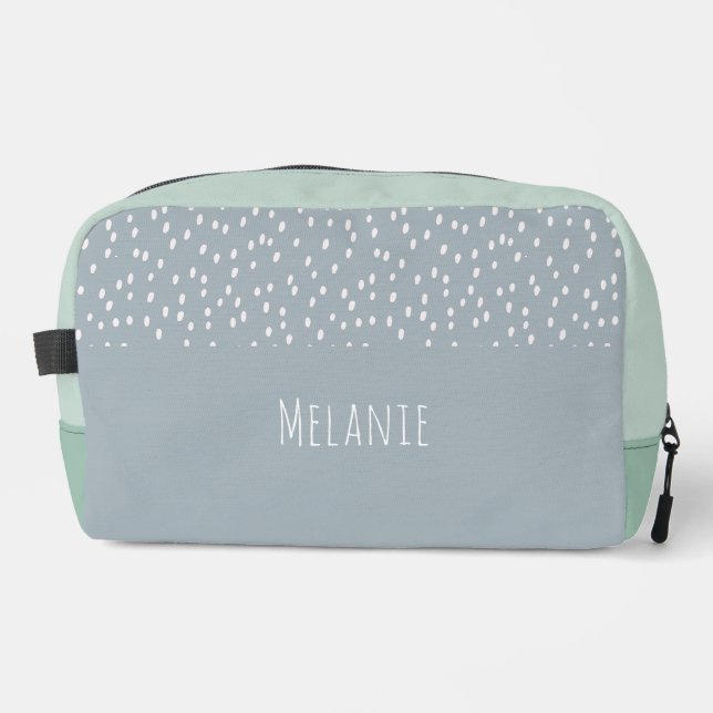Custom name, cute modern grey blue spots dopp kit (Front)