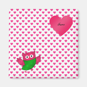 Custom name cute owl pink hearts magnet