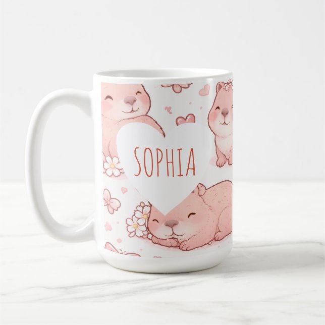 Custom Name Cute Pastel Capybara Bow Girls Coffee Mug (Left)