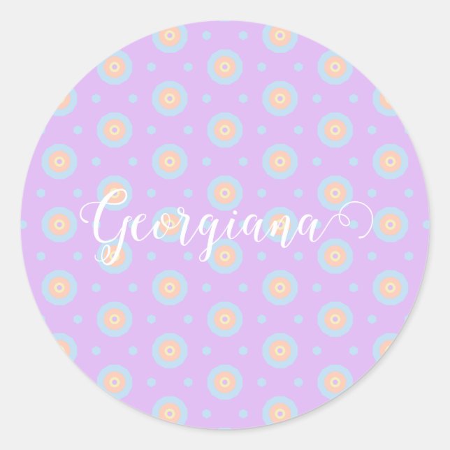 Custom Name Cute Pastel Rainbow Bullseyes Pattern Classic Round Sticker (Front)