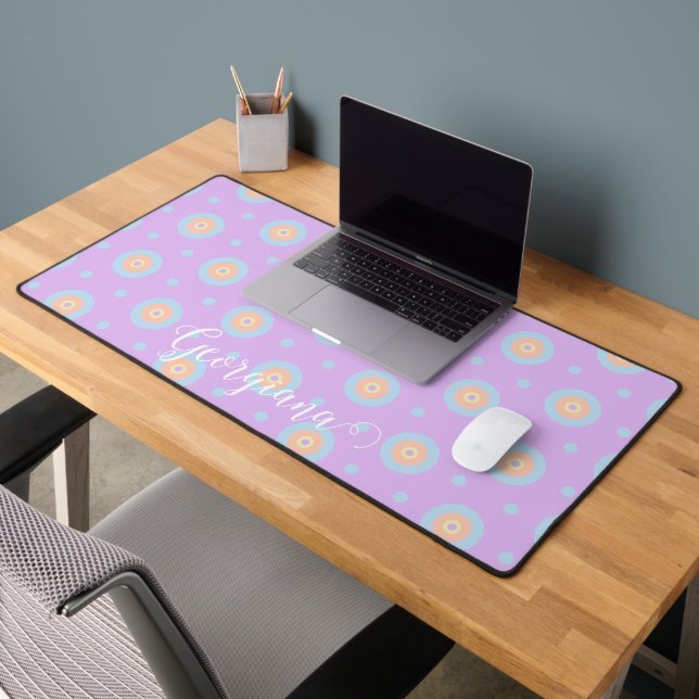 Custom Name Cute Pastel Rainbow Bullseyes Pattern Desk Mat (Office 2)