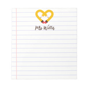 Custom Name Cute Pencil Heart Teacher Appreciation Notepad