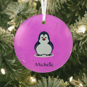 Custom name cute penguin on pink glass tree decoration