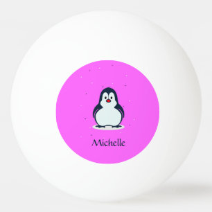 Custom name cute penguin on pink ping pong ball