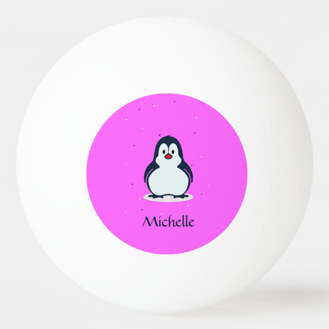 Custom name cute penguin on pink ping pong ball (Front)