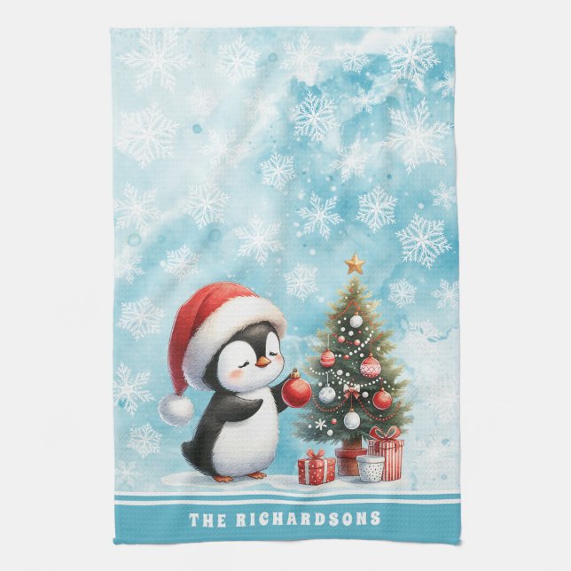 Custom Name Cute Penguin Snowy Blue Christmas Tea Towel (Vertical)